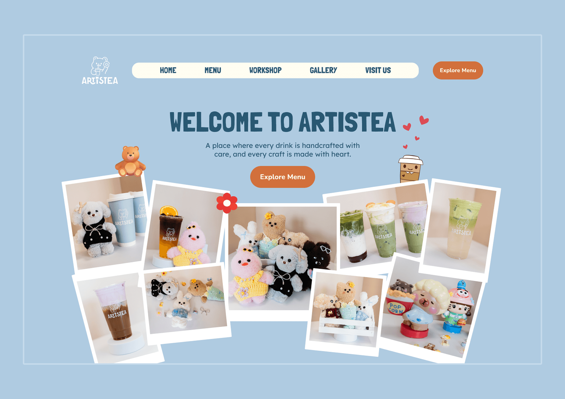 A screenshot of the Artistea café website homepage, featuring a light blue background. At the top, it displays navigation links for Home, Menu, Workshop, Gallery, and Visit Us. The main heading reads "WELCOME TO ARTISTEA" in a bold, dark blue font, accompanied by a small pink heart icon. Below the heading, there is a polaroid-style collage showcasing various iced drinks, colorful matcha lattes, and cute plush toys scattered across the café counter