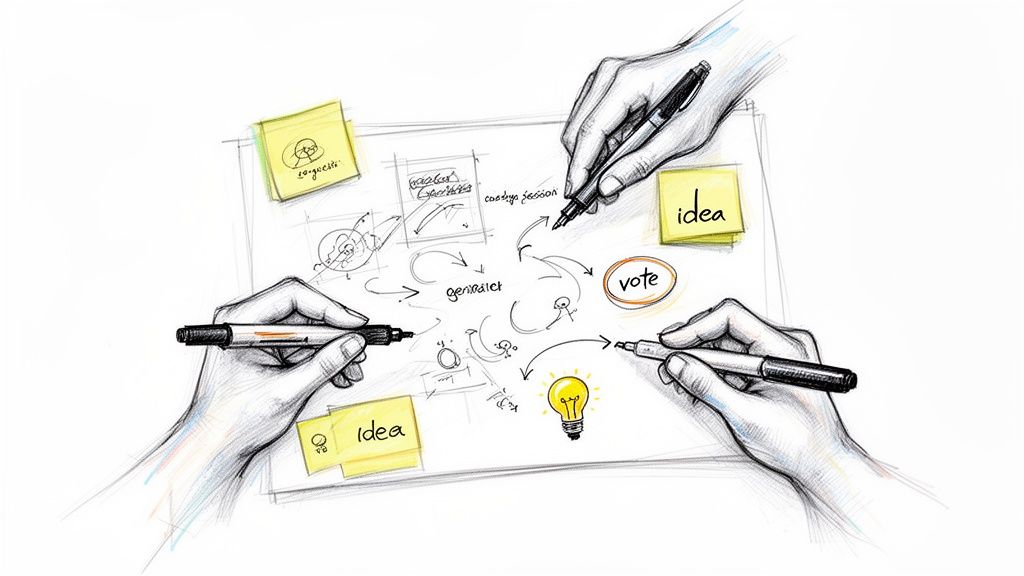 Multiple hands collaboratively sketching ideas, flowcharts, and sticky notes during a creative brainstorming session.