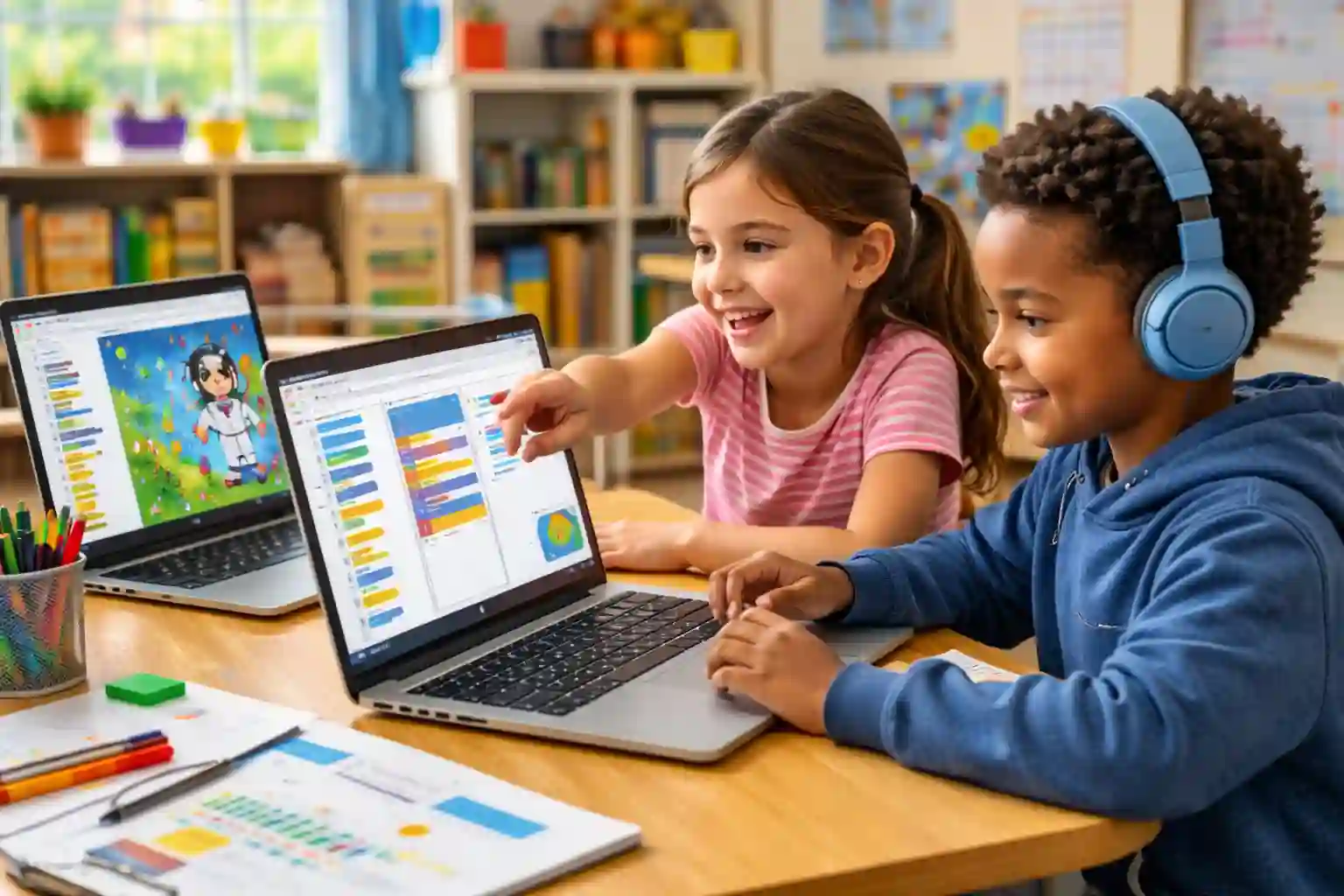 Kids learning beginner coding and programming basics on laptops in class