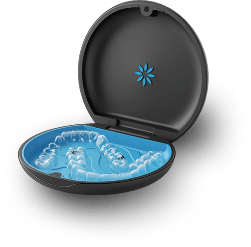 Clear Invisalign aligners in a case used for orthodontic treatment in Abu Dhabi