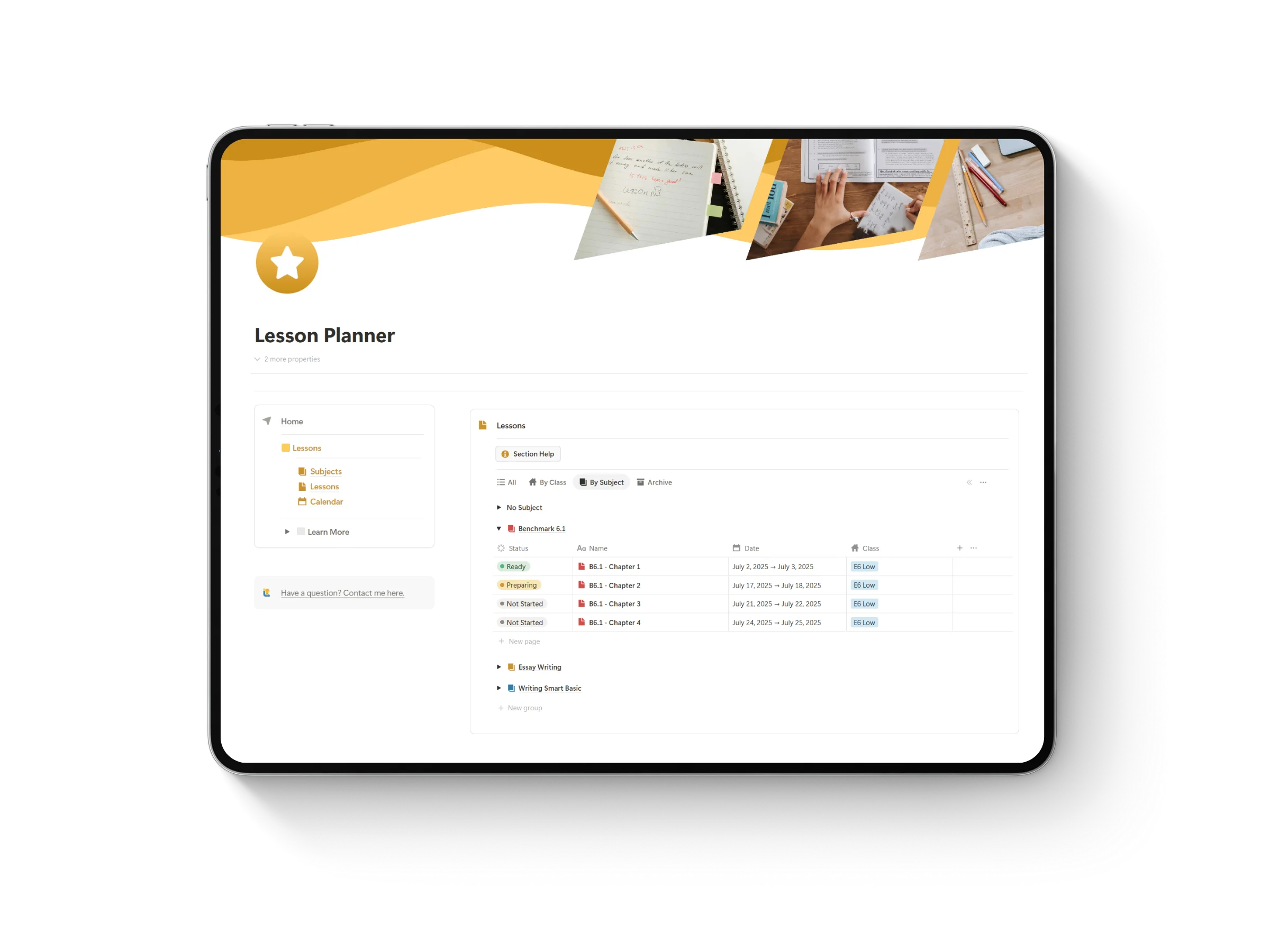 Thumbnail of Notion template for teachers and education featuring an iPad mockup displaying ‘Lesson Planner’ title with vibrant orange accent colors.