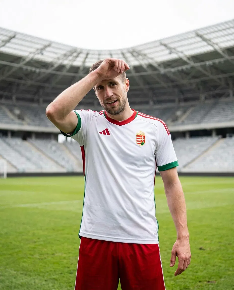 Barnabás Varga posing in a football setting during a transfer-themed photo