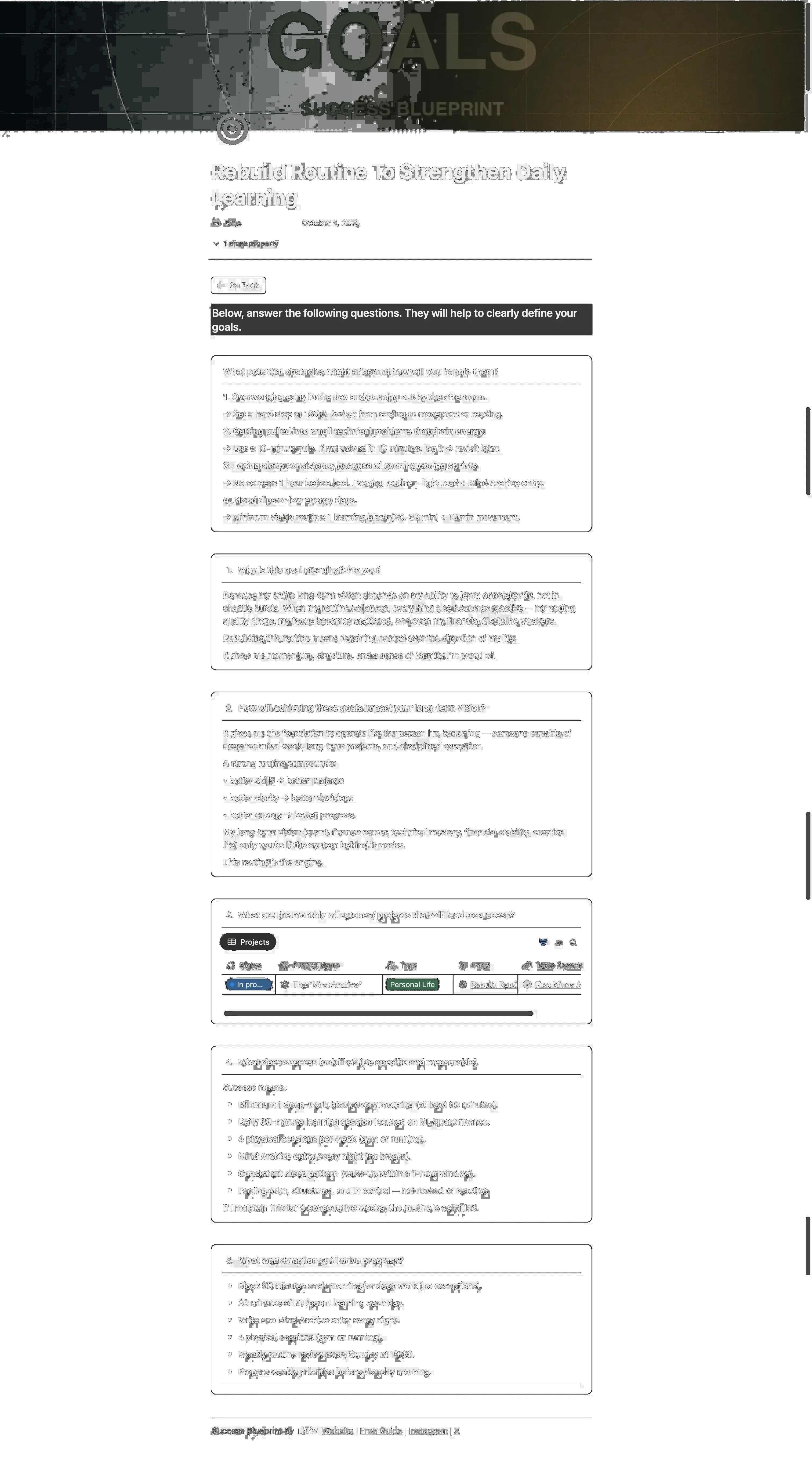 Thriv Notion goal planner preview with milestone tracking and long-term objective breakdown