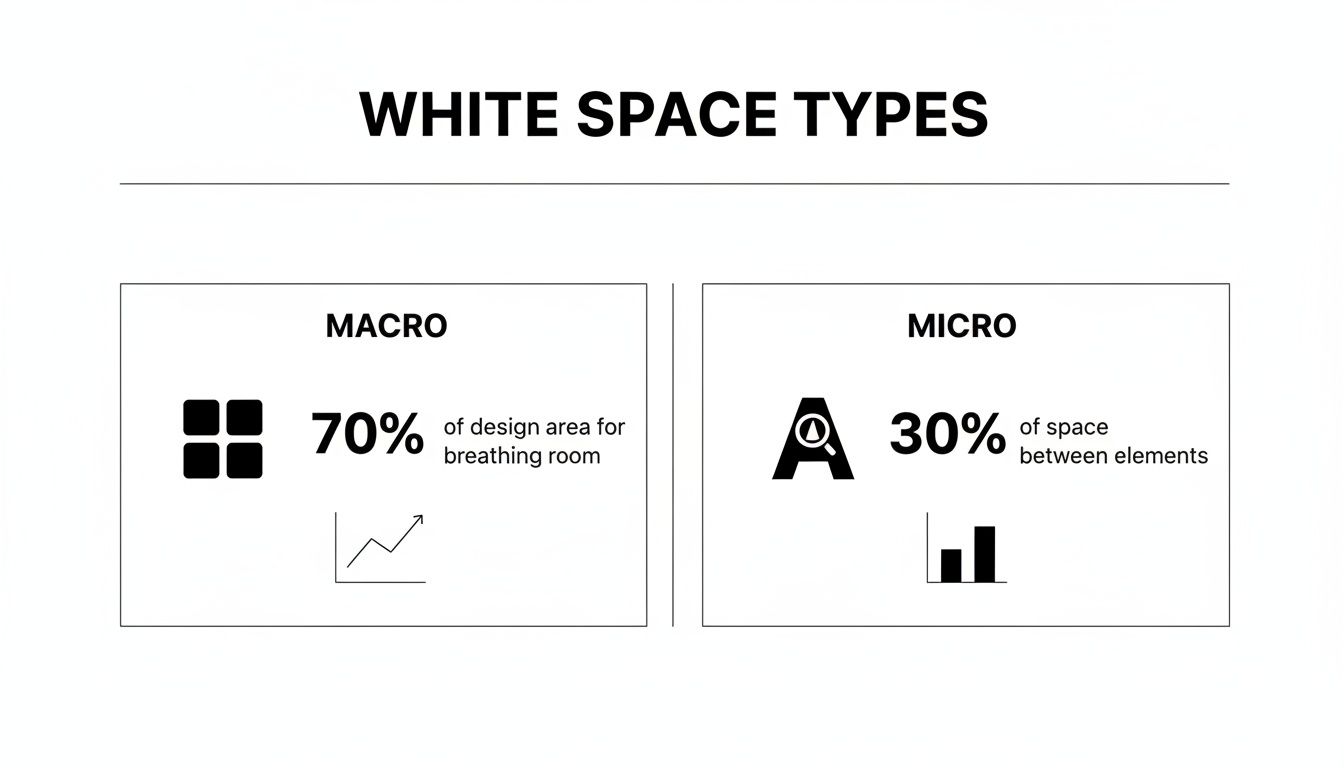 An infographic explaining macro and micro white space types in design with percentages and icons.