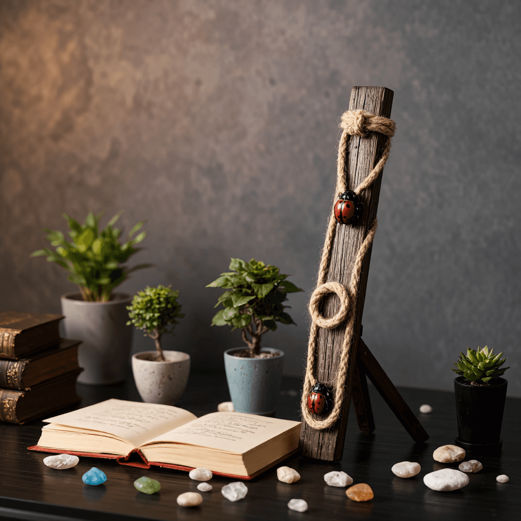 product photography of a wooden display stand with decorative rope and ladybug accents