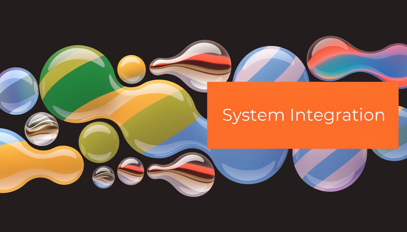 Abstract background featuring colorful glossy liquid shapes with the words System Integration on an orange rectangle.