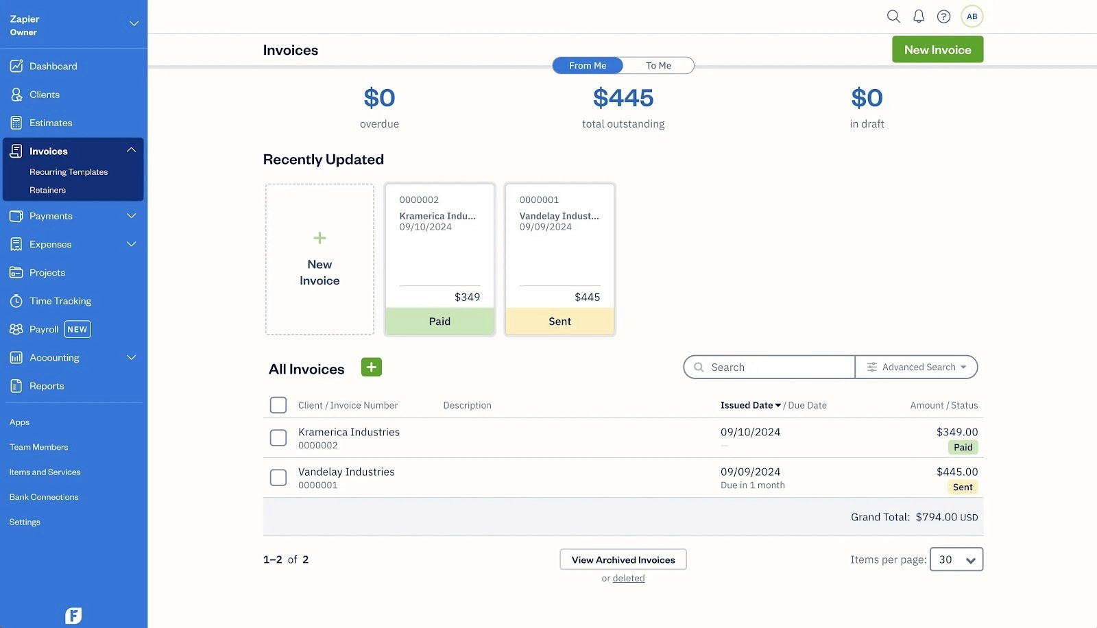 FreshBooks dashboard — invoicing and time tracking software for freelancers