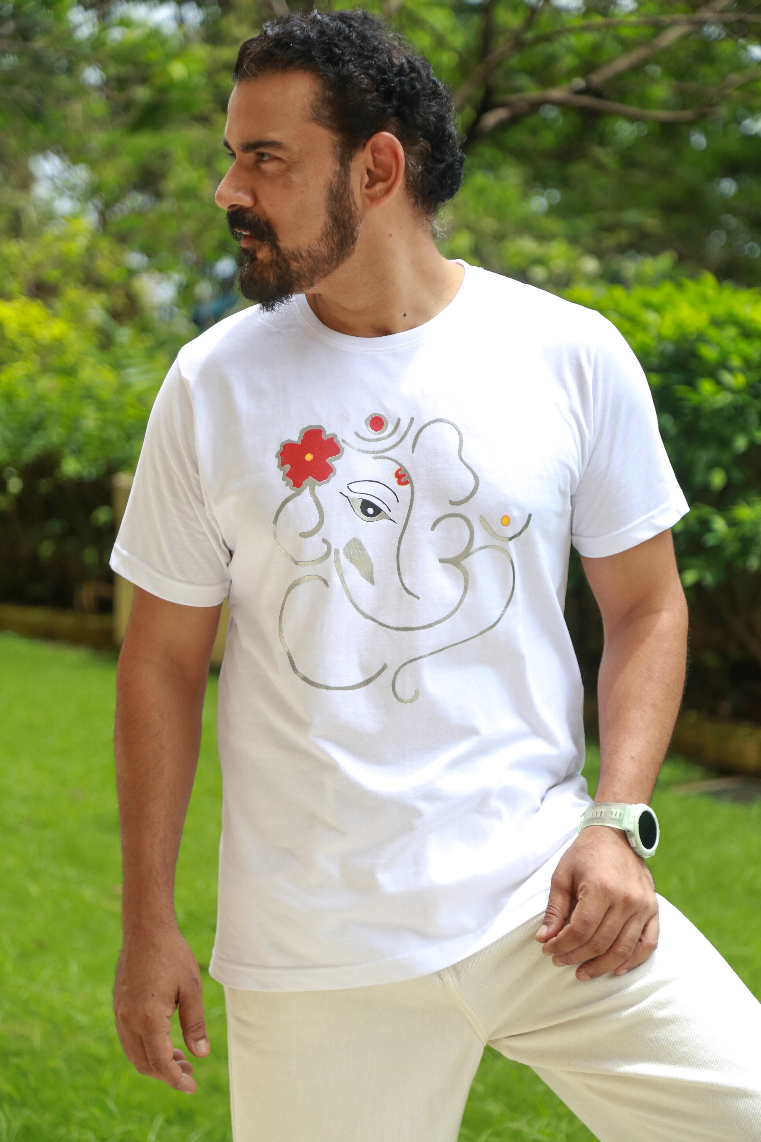 Young man in black leather double-breasted jacket jeans.