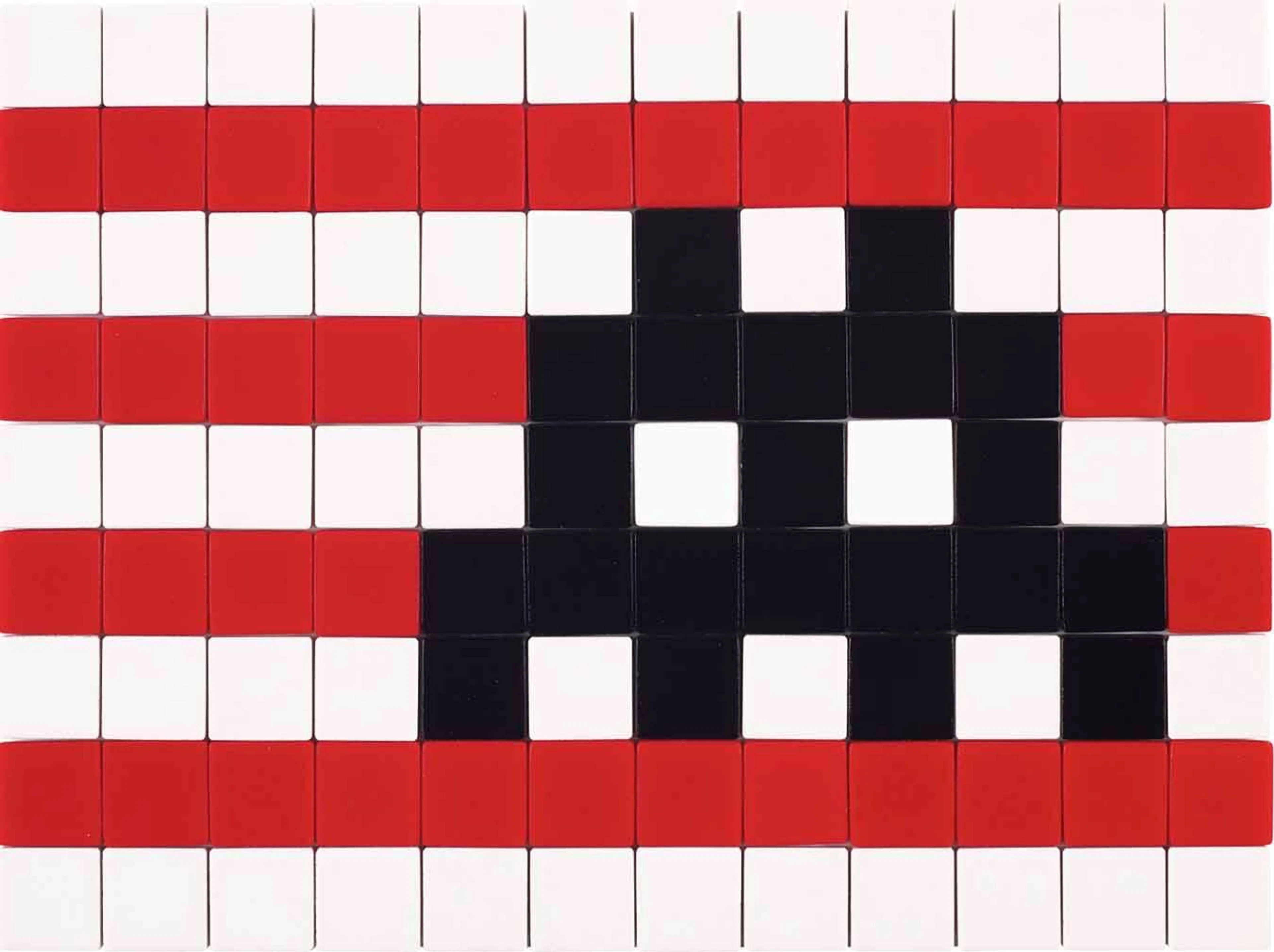 Street art by Invader titled 'Invasion Kit 18' (2018), featuring a mosaic tile composition of a pixelated alien figure in black and white.