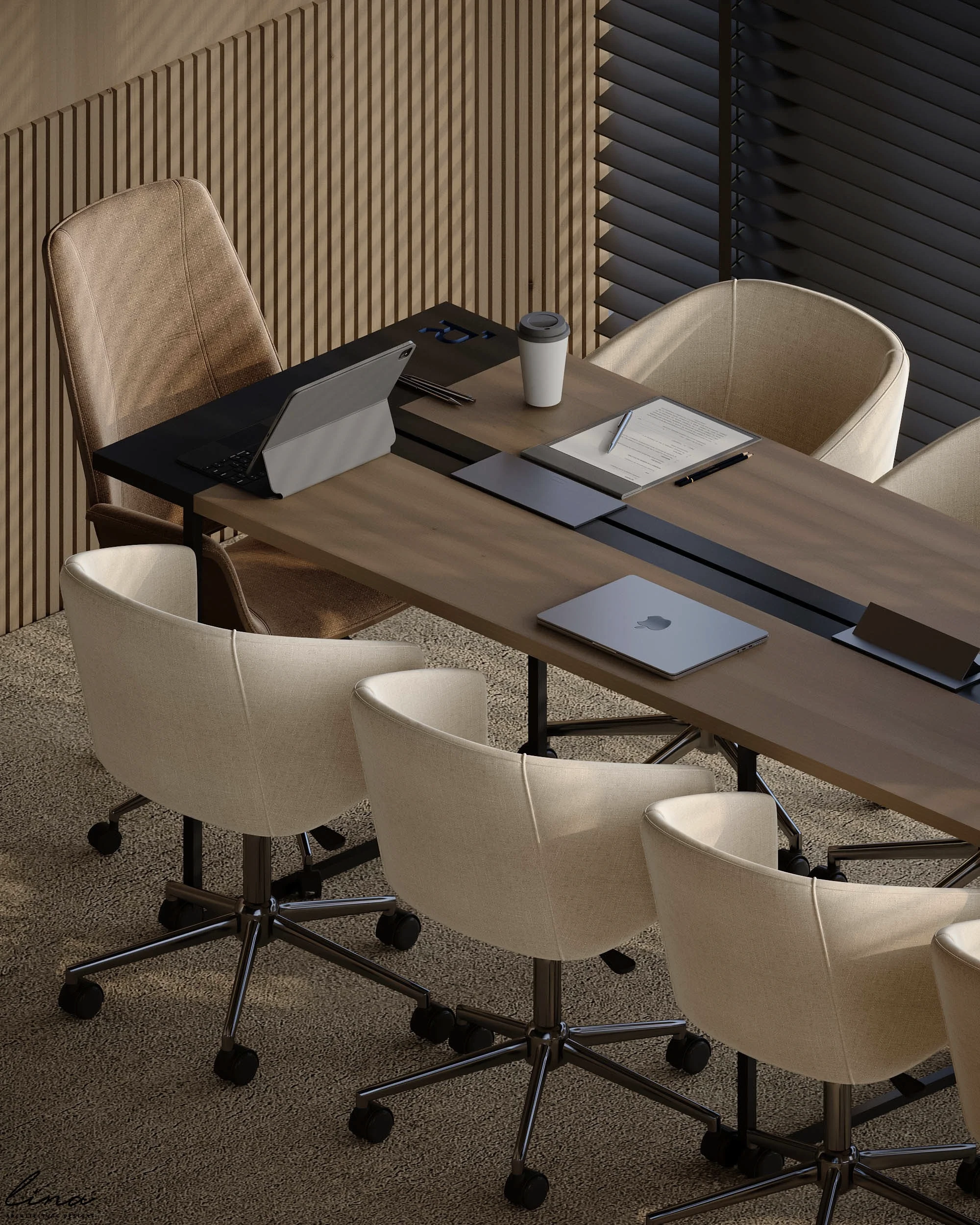 White plate with roasted carrots served on green sauce, topped with almonds and fresh herbs, held by a hand over a dark table.