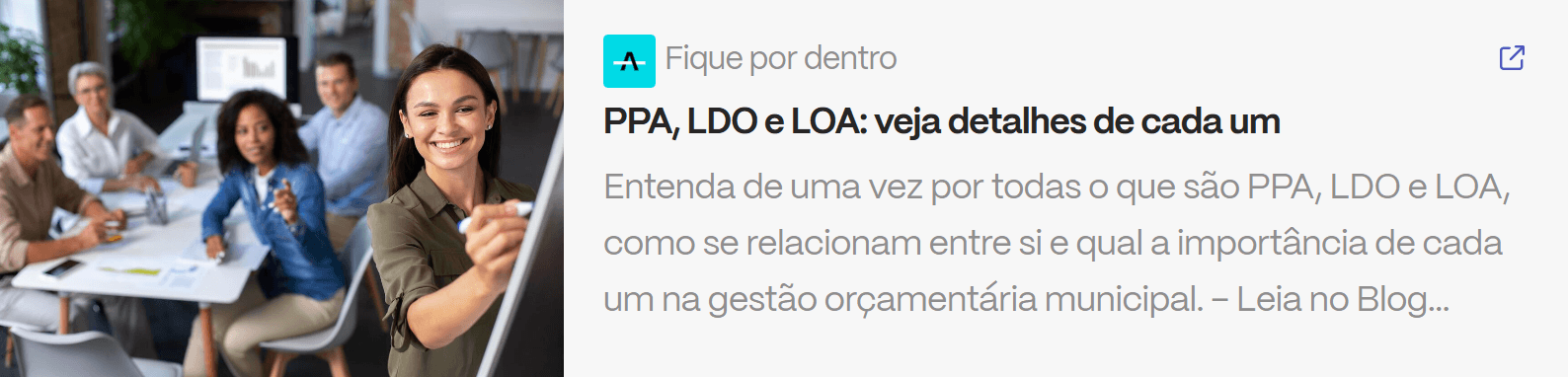 Box de chamada para artigo sobre PPA, LDO e LOA, com equipe reunida em sala de reunião analisando plano orçamentário municipal.