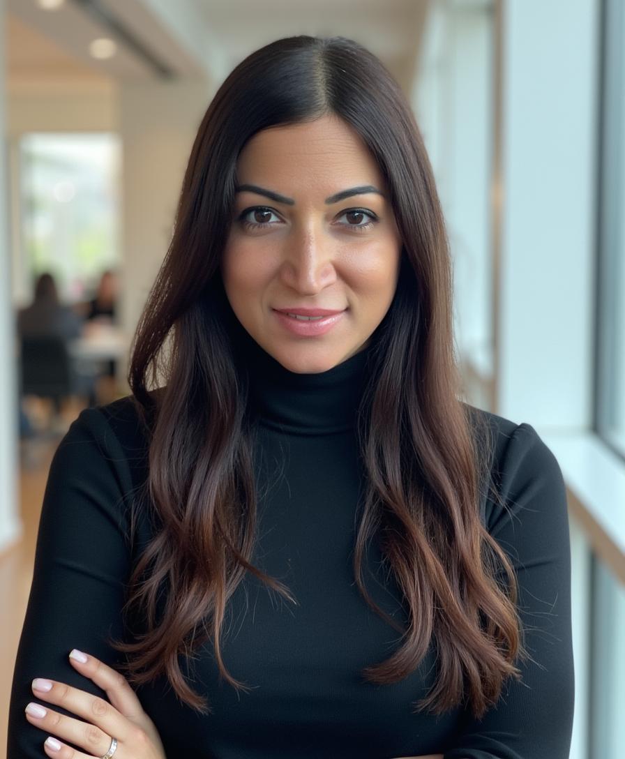 A woman with shoulder-length brown hair and freckles smiles softly. She wears a beige blazer over a white shirt in a warmly lit room, conveying professionalism and warmth.