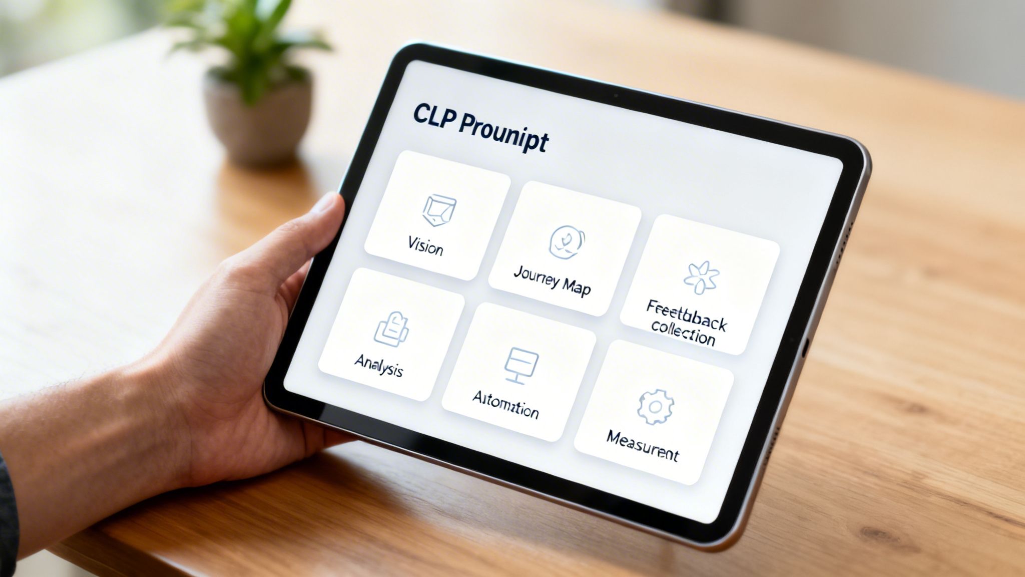 A hand holds a tablet displaying a business app with six strategic options like Vision, Analysis, and Journey Map.