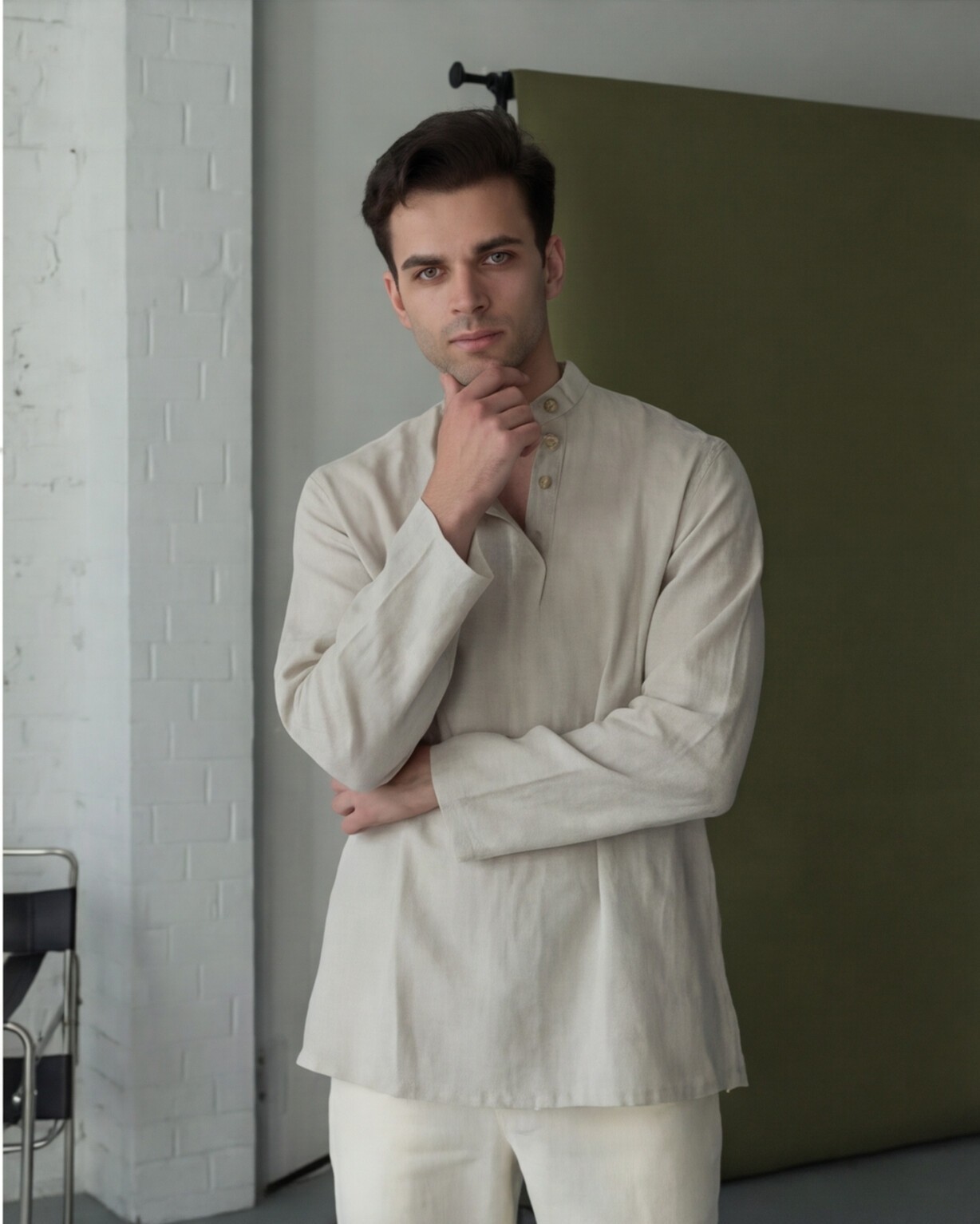 Linen Mandarin Shirt with Cream Shorts