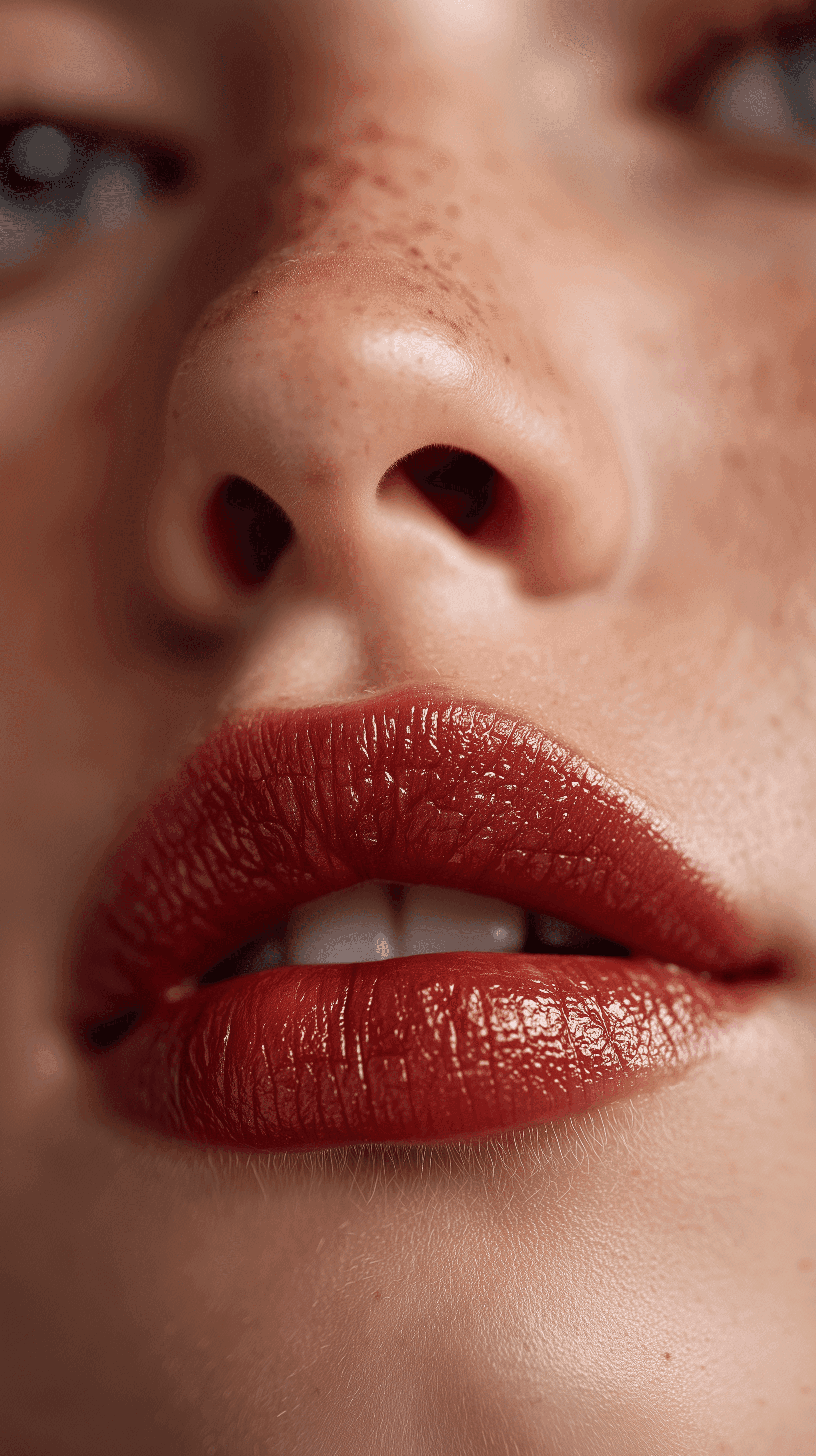Red lipstick applied on lips with natural freckles