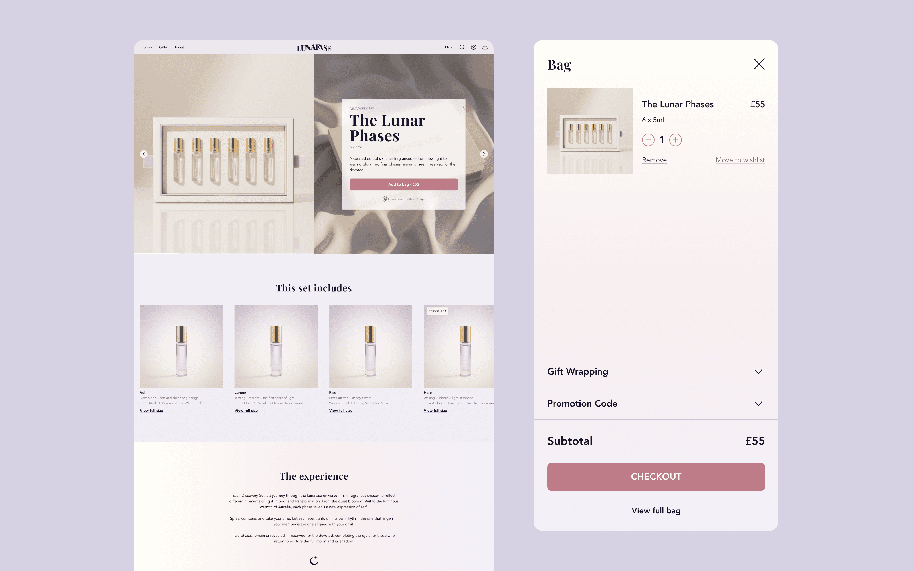 Discovery set product page and bag screens