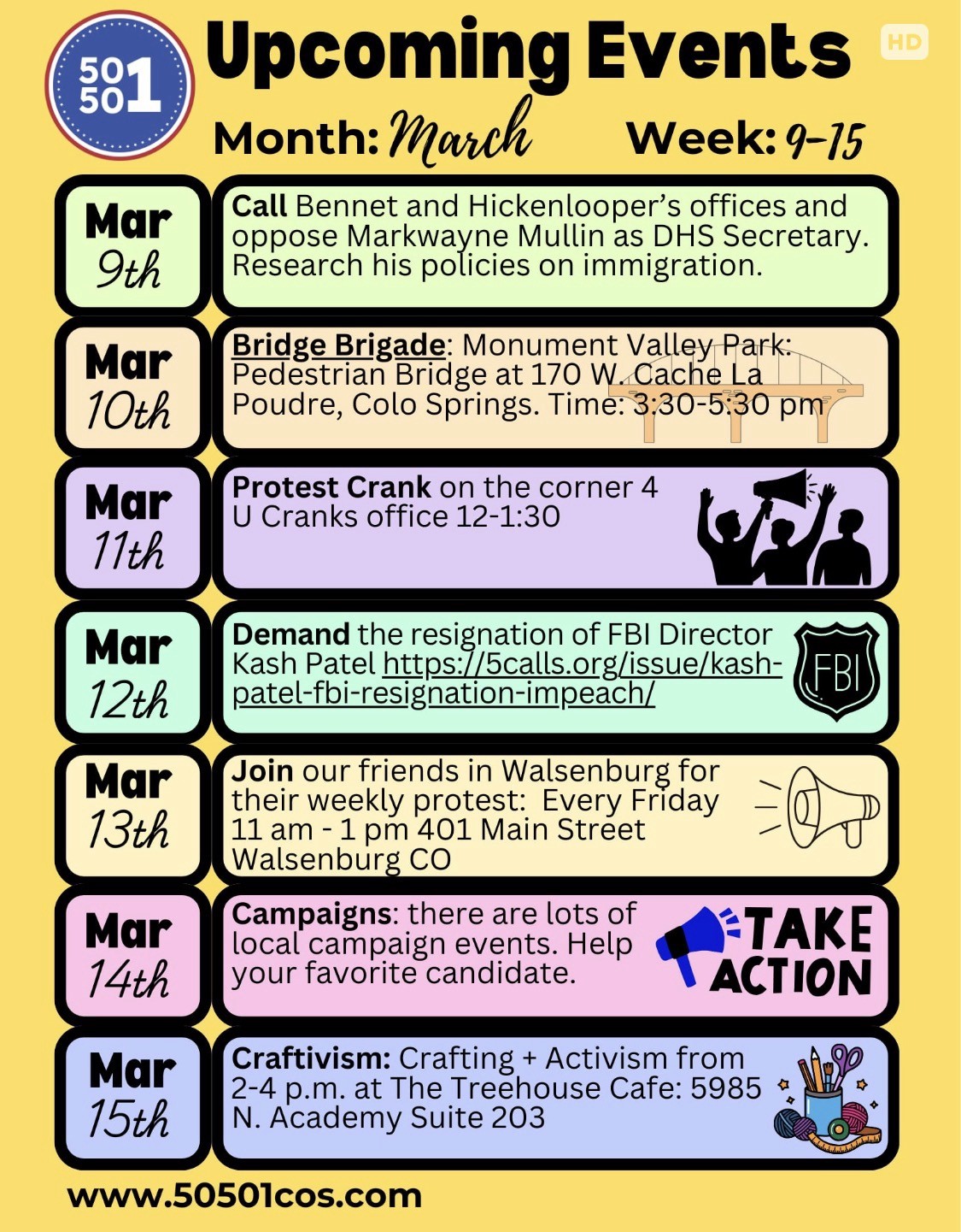 Credit: Trish Kantor. A protester with a backpack and American flag stands in front of a crowd.