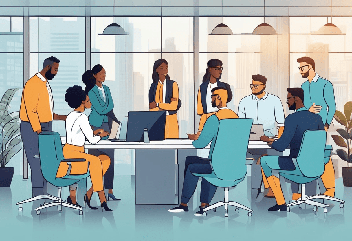 A group of diverse individuals in a modern office setting, discussing and analyzing different management styles and their impact on the workplace
