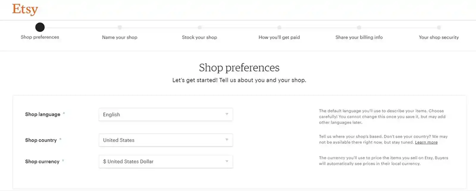 Etsy Shop Preferences