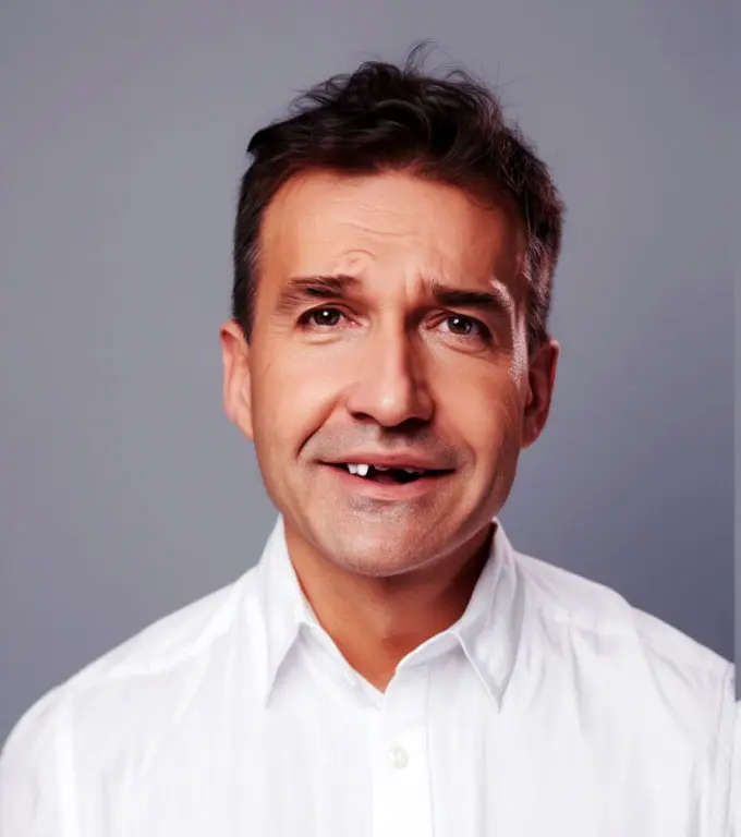 Man with missing front tooth and white shirt making a funny face