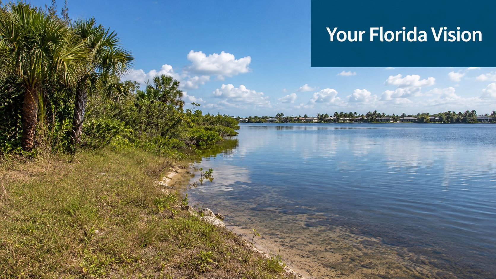 A serene Florida waterfront view featuring lush green vegetation along the shore under a blue sky.