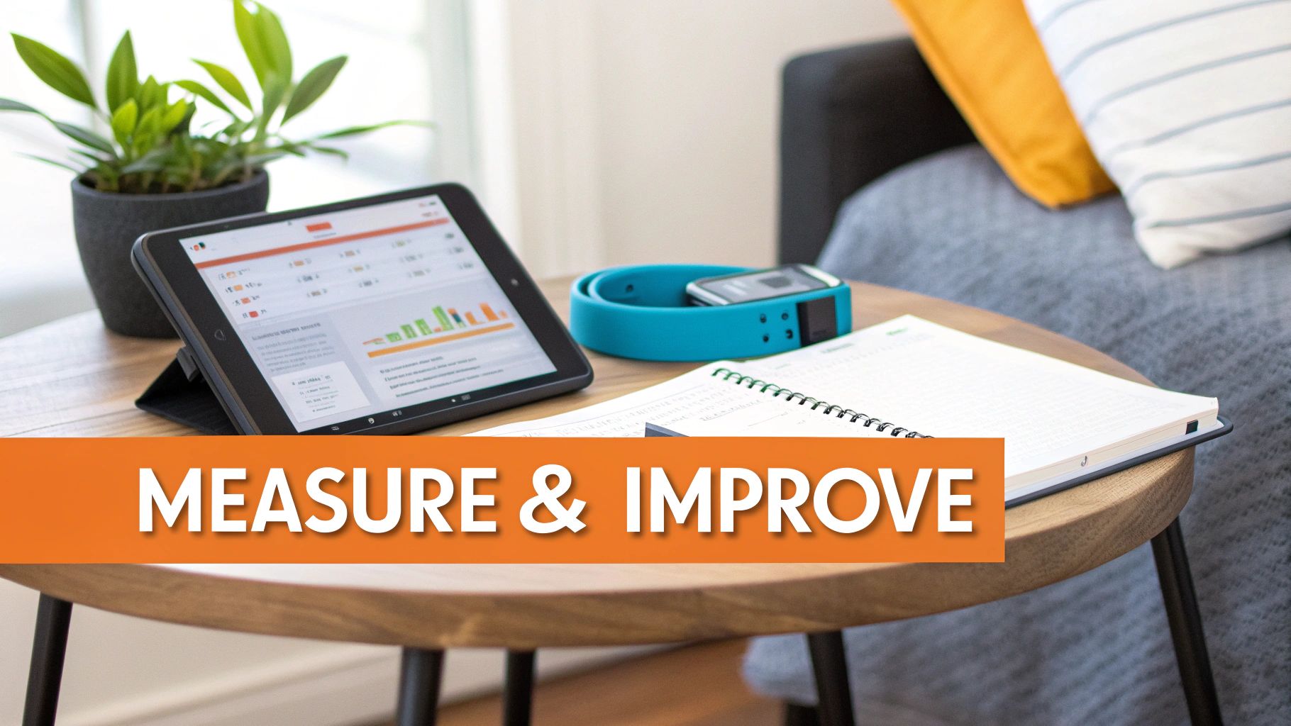 A tablet showing data charts, a fitness tracker, and a notebook on a wooden table, with text 'MEASURE & IMPROVE'.