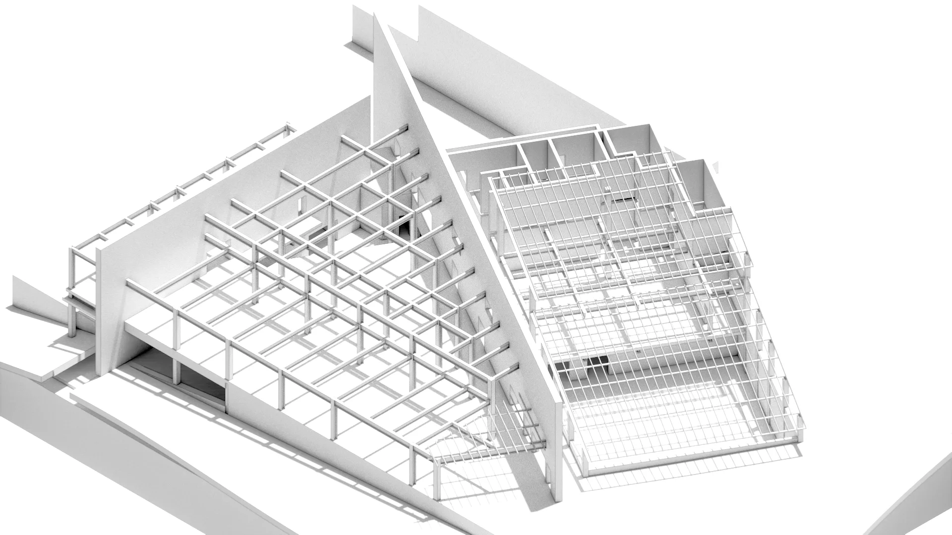 Structural axonometric of steel frame and concrete walls