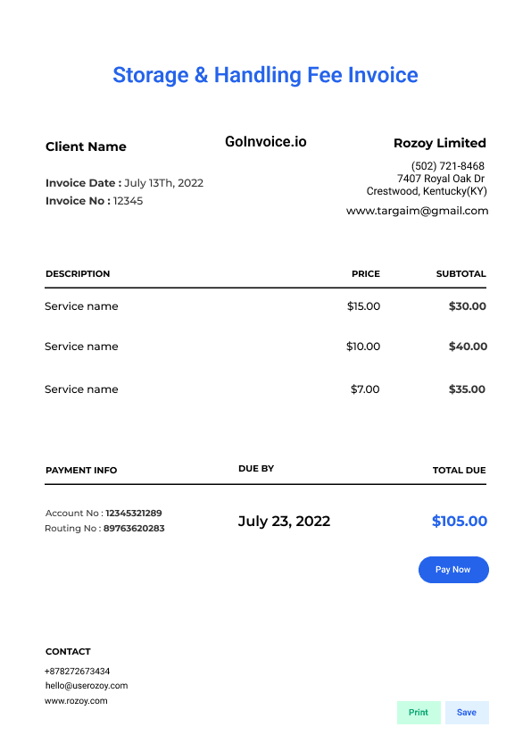 Storage & Handling Fee Invoice