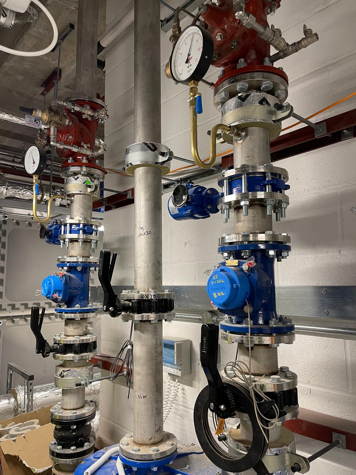 Mechanical services pipework with commercial valves, gauges and controls