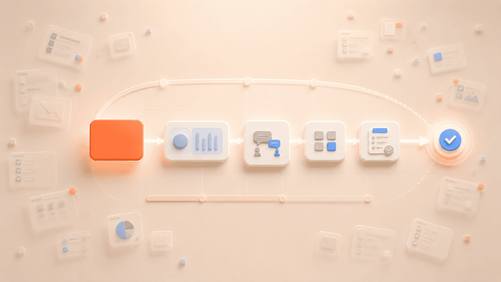 Minimalistische 3D-Illustration eines strukturierten Arbeitstags mit einer korallfarbenen Fokuskarte am Beginn eines klaren Ablaufpfads. Entlang des Pfads folgen geordnete Arbeitsblöcke für Analyse, Kommunikation, Organisation und Review bis zu einem leuchtenden Zielsymbol. Transparente Aufgaben-, E-Mail- und Dashboard-Elemente verblassen im warmen cremebeigen Hintergrund und verdeutlichen den Unterschied zwischen fokussierter Tagesstruktur und zerstreuter Beschäftigung.