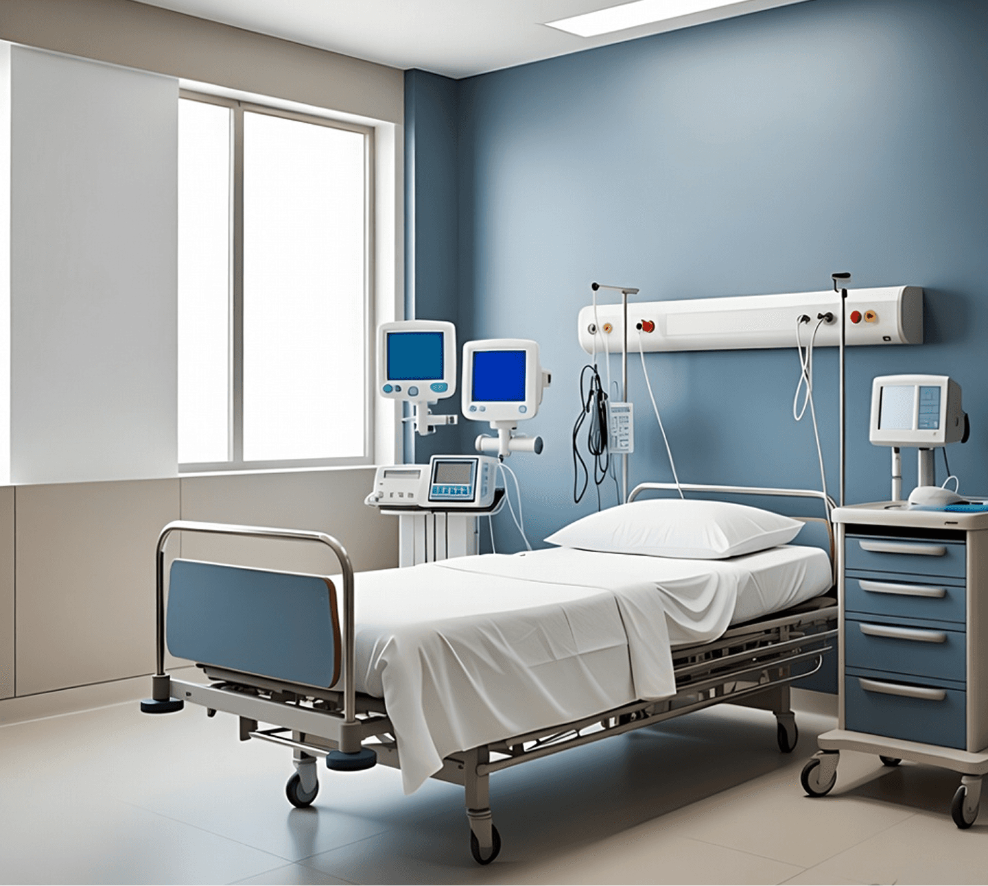 Empty hospital room with bed and medical equipment.