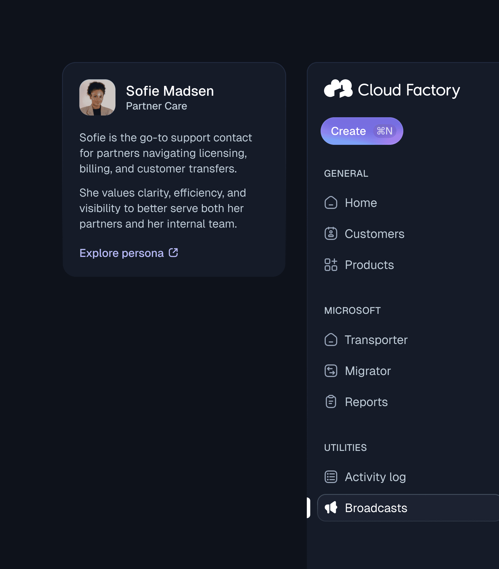 A persona description next to the respective UI.