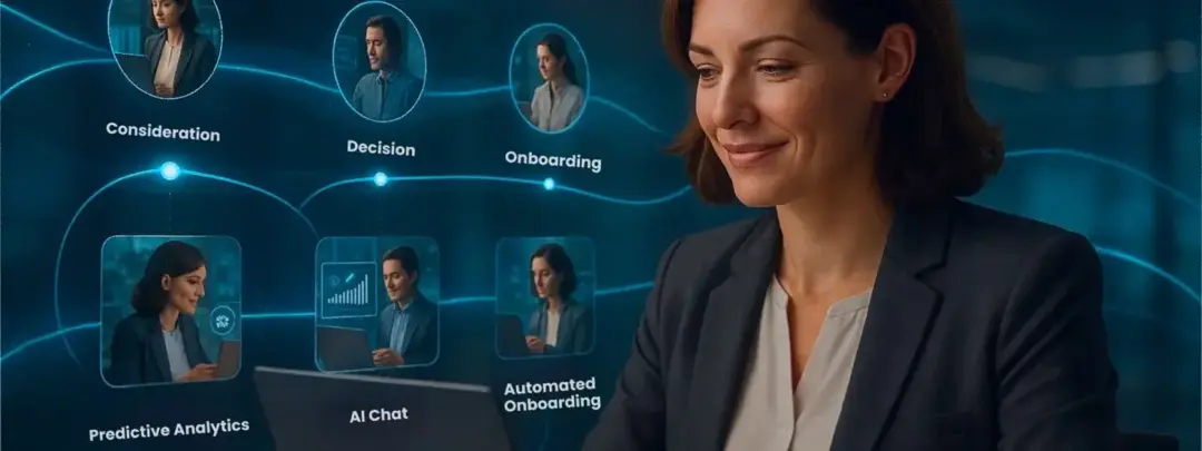 Digital visualization of a customer journey with three stages—Consideration, Decision, and Onboarding—showing AI-powered tools including Predictive Analytics, AI Chat, and Automated Onboarding.