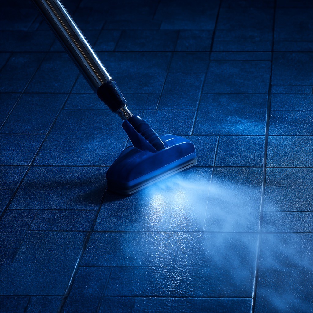 A person wearing bright green gloves is cleaning a surface with a cloth and a spray bottle.