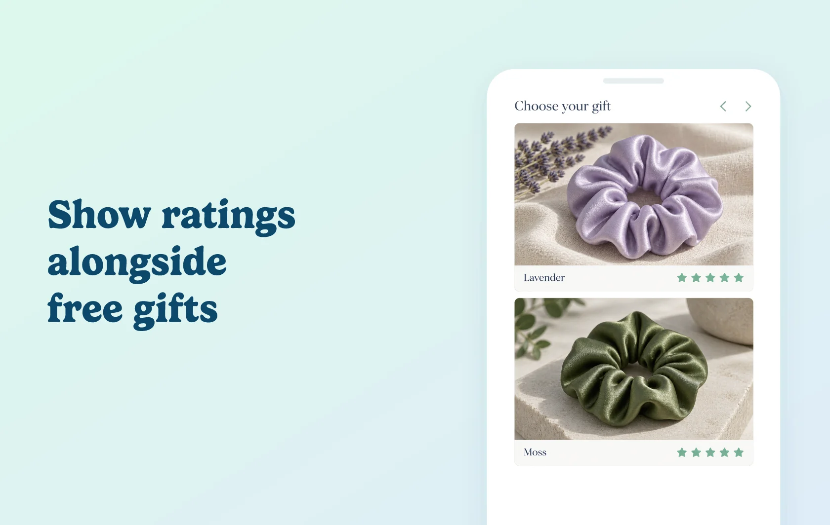 Judge.me and BOGOS integration: illustration of a gift selection slider showing silk hair scrunchies with individual product star ratings.