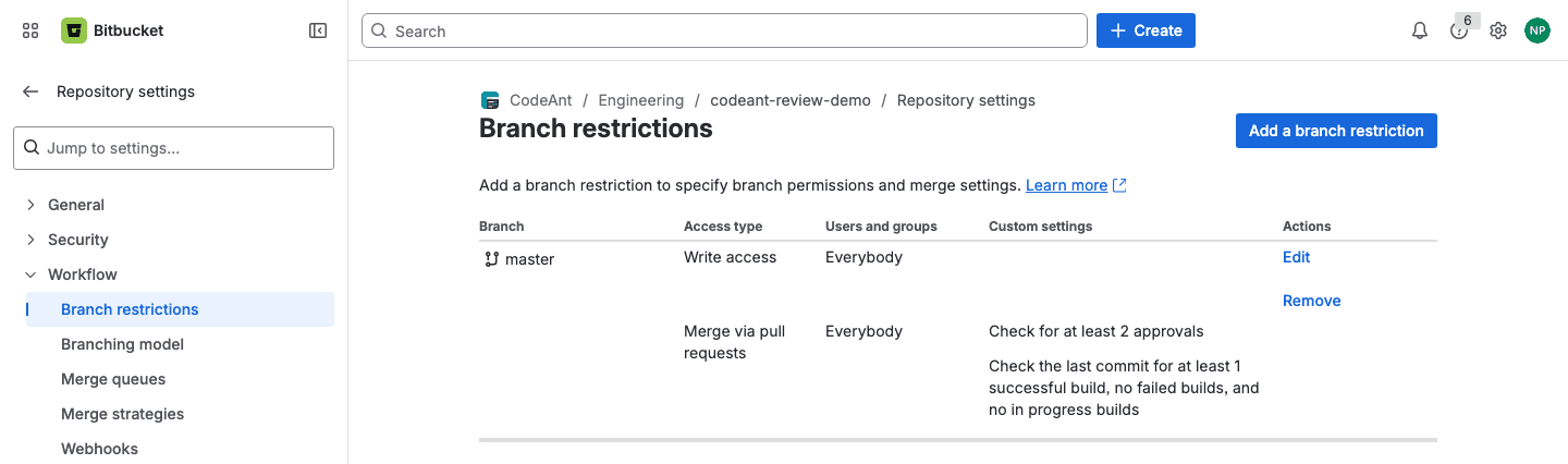 Branch restrictions on master: the approval and successful-build checks that gate every merge.