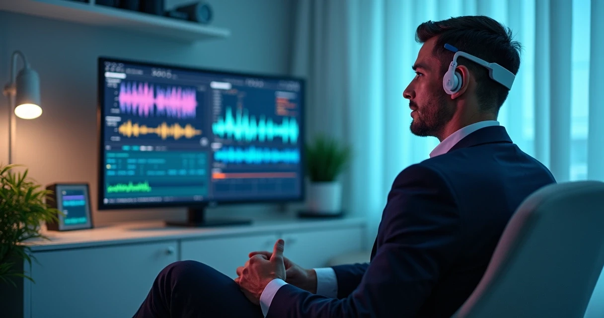 Homem conectado a sensores realizando sessão de biofeedback em consultório 