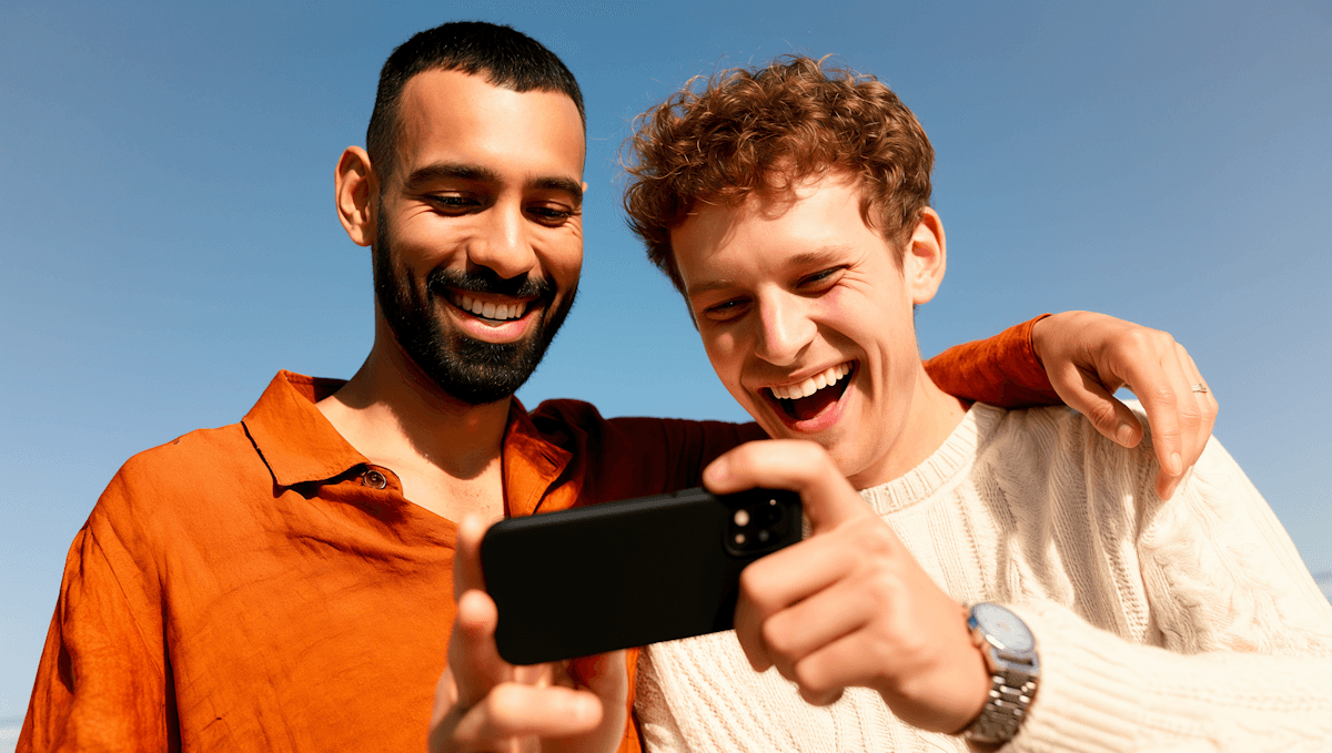 Two happy friends taking selfie with smartphone outdoors under clear blue sky.