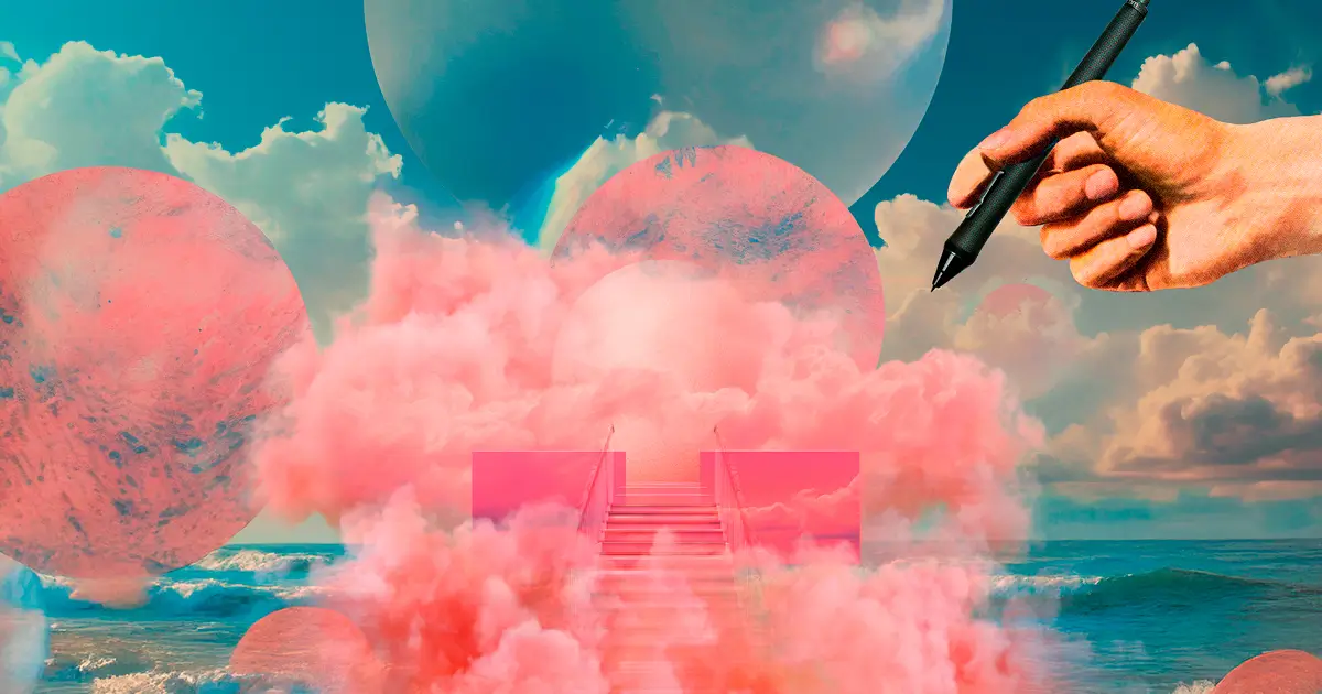 Mano con bolígrafo sobre fondo surrealista de nubes rosas y escaleras en el océano.