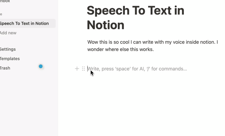 音声入力アプリのVoicyを使用して、Notionで音声を文字起こしして文を書いているGIF