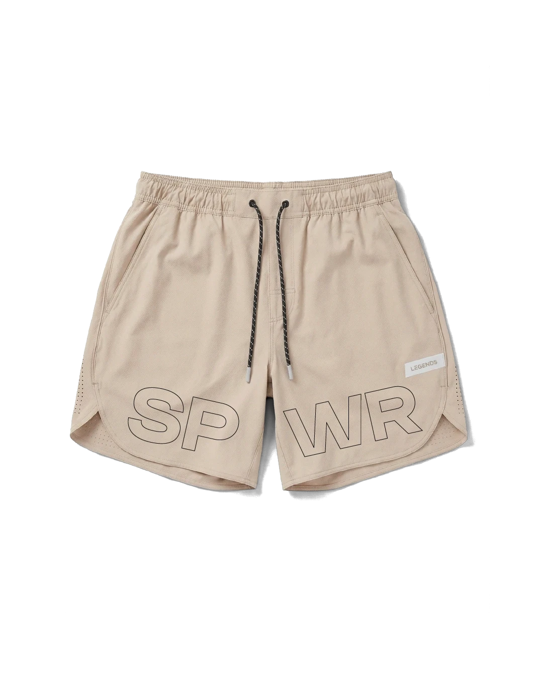 Sand Summer shorts with outlined SPWR lettering