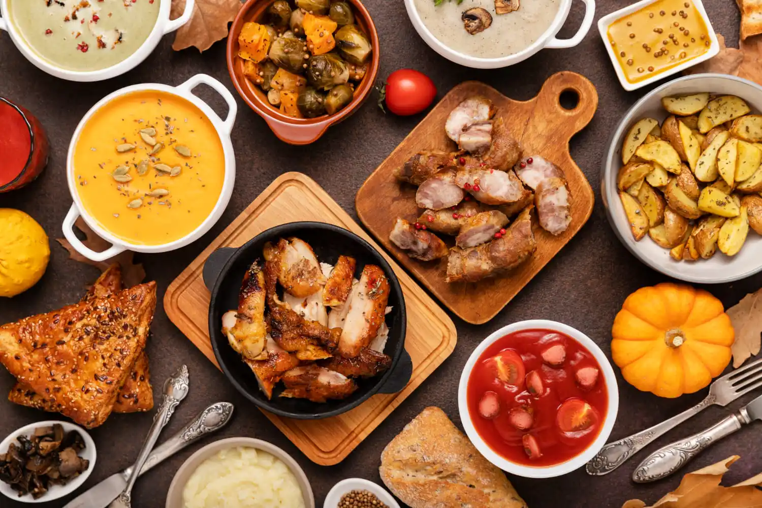 Overhead view of a hearty autumn feast with roasted meats, soups, and potatoes.
