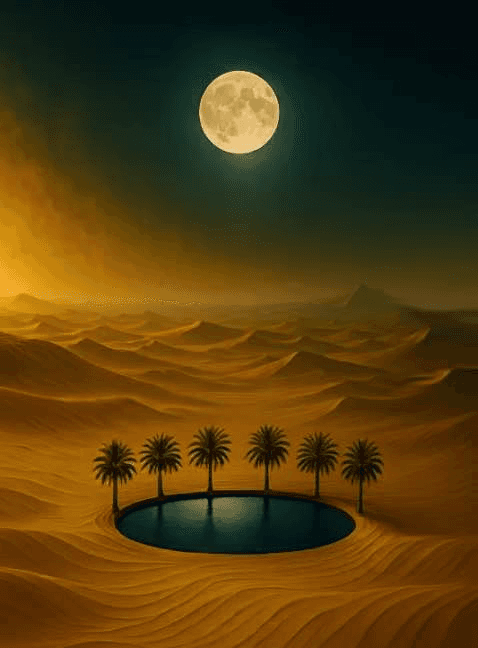Moonlit desert oasis surrounded by palm trees — a symbol of balance, reflection, and spiritual harmony.