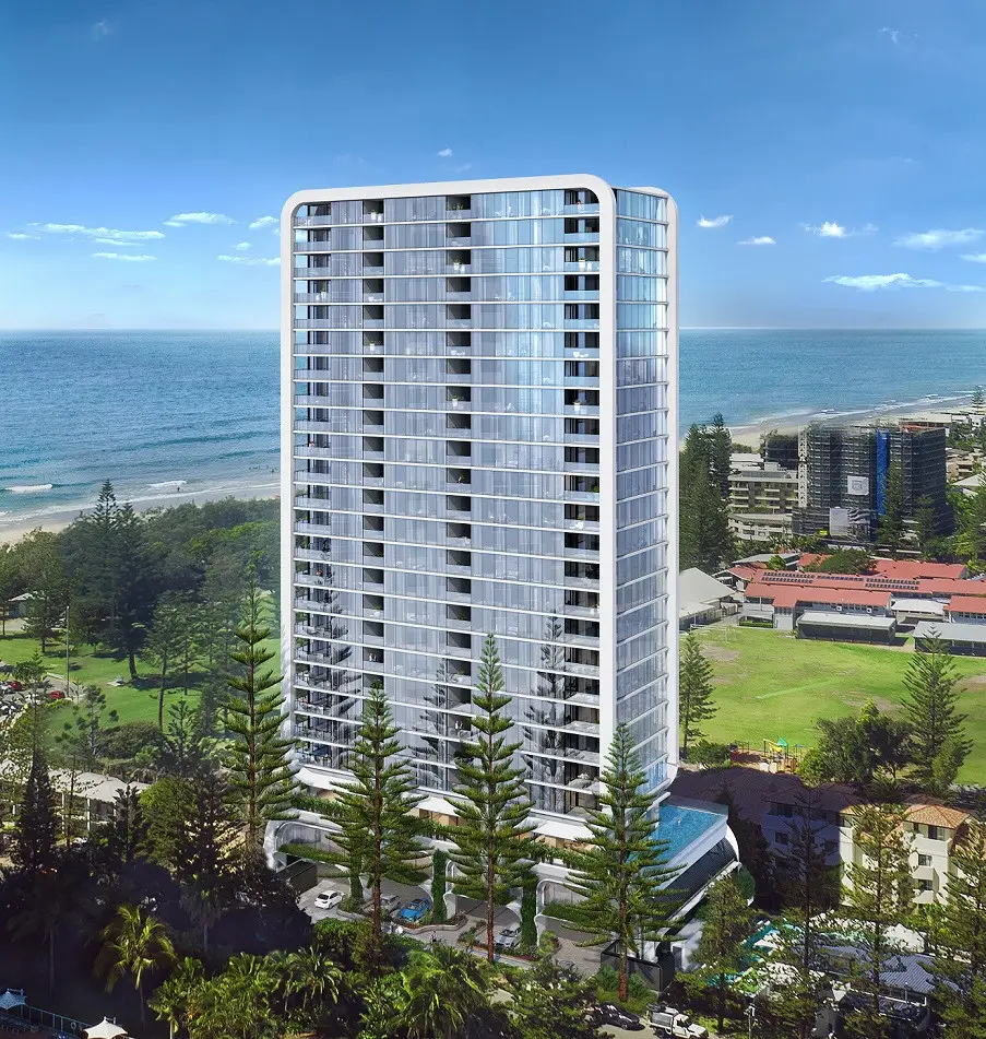 The Sterling Hero Aerial: Hero aerial image of The Sterling tower positioned moments from the sand showcasing its proximity to Broadbeach, Pacific Ocean and Gold Coast skyline.