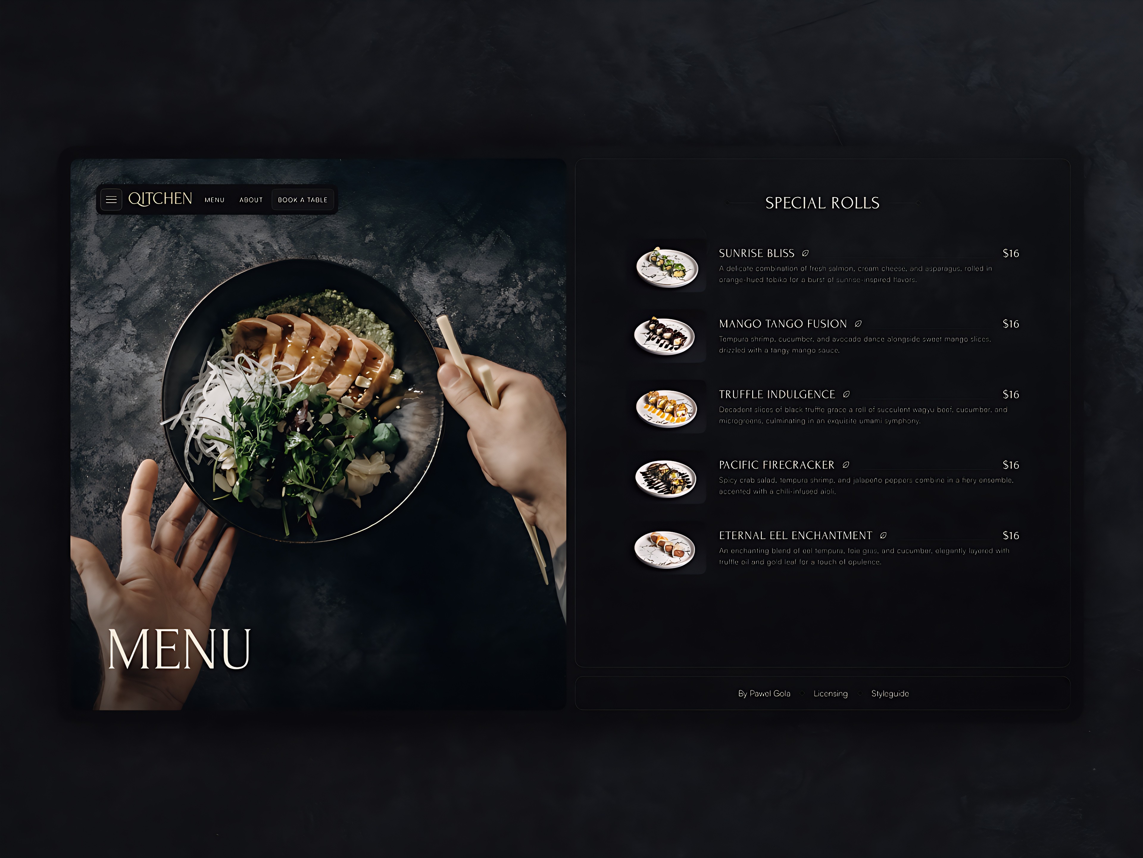 Hero visivo con piatto di sushi minimal su fondo in pietra scura, tipografia serif e layout bilanciato. 