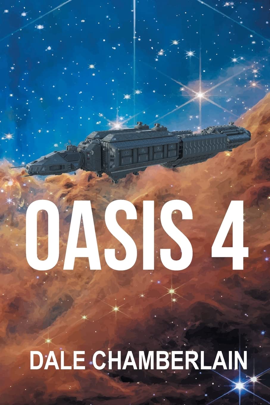 Oasis 4 book cover showing a large spaceship drifting in front of a bright starry nebula