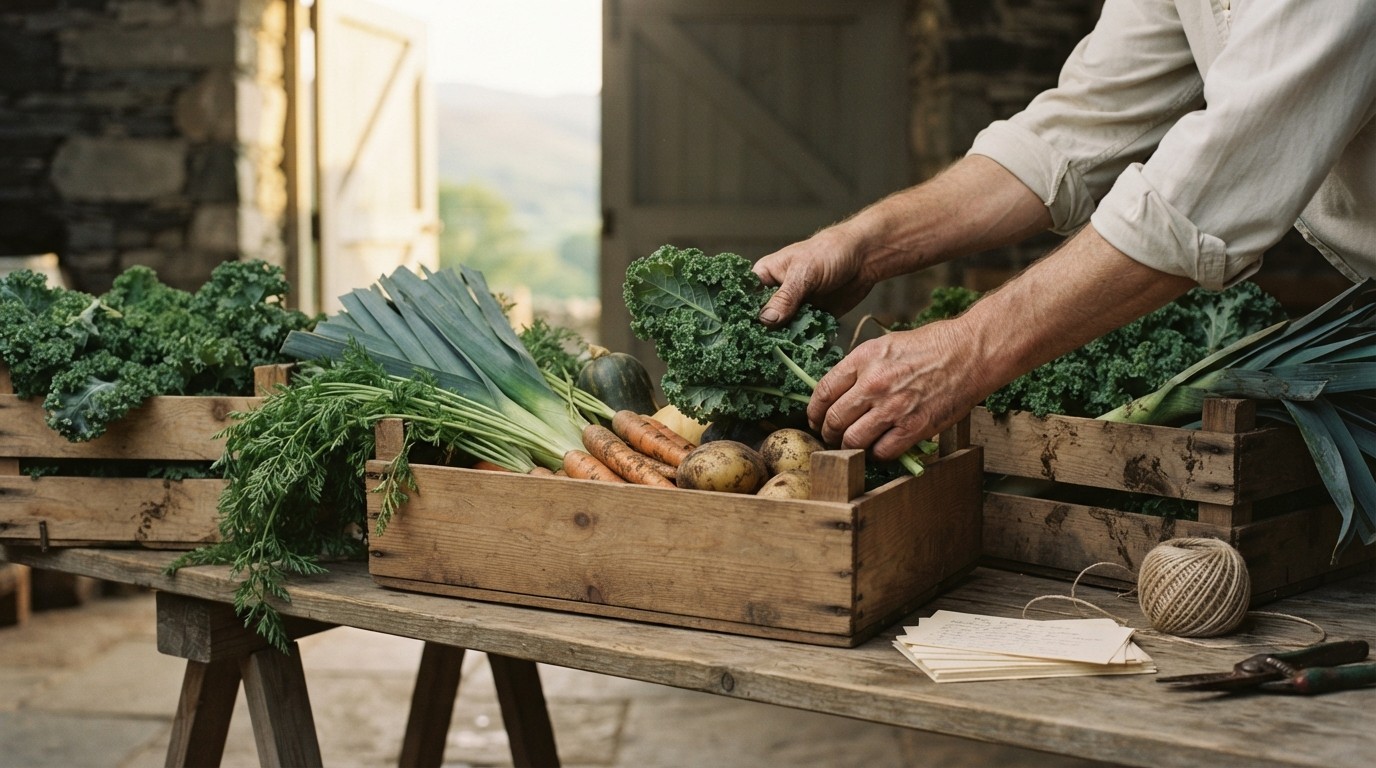 Hands packing a wooden veg box in the barn