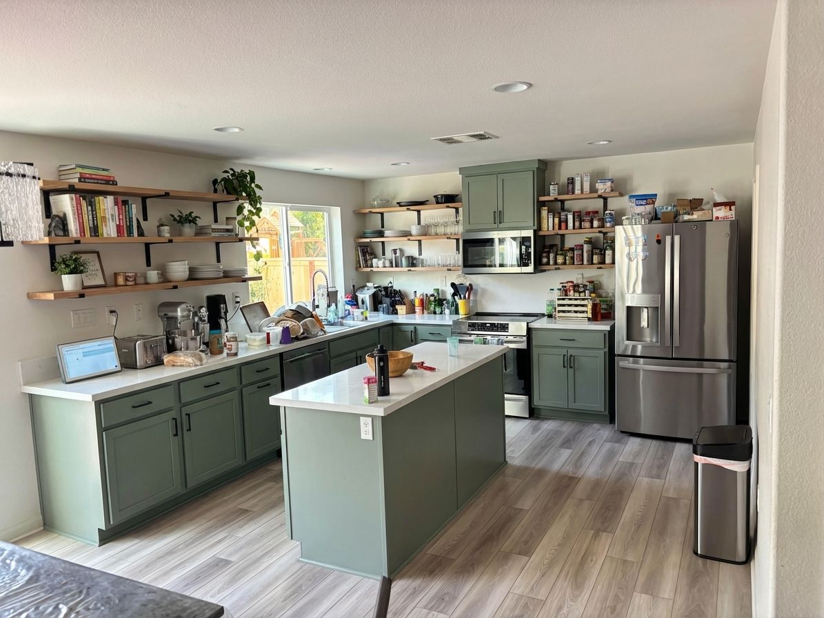Kitchen remodel with sage green cabinets and open shelving using AI visualization