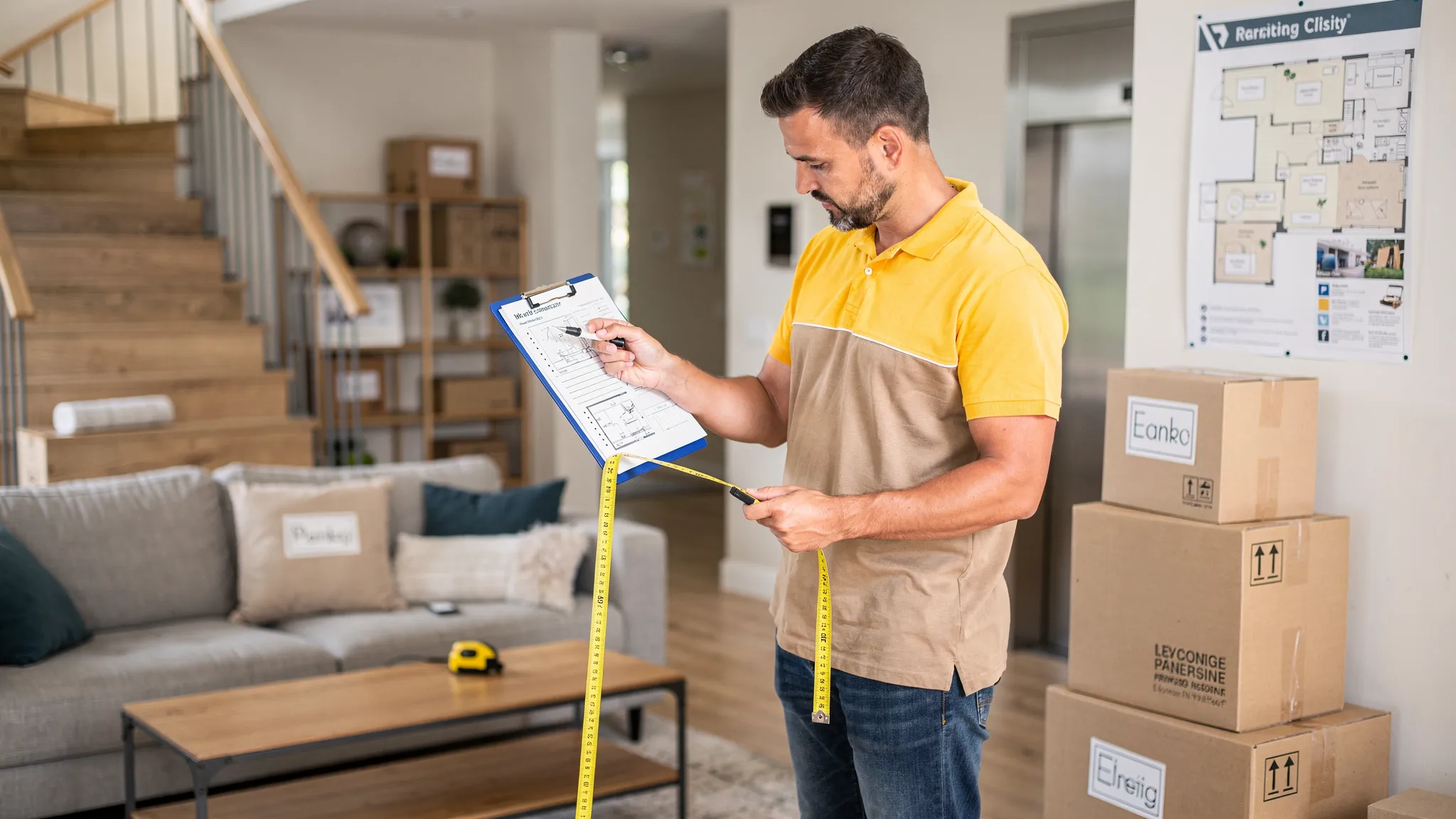 A mover or move coordinator conducting an in-home or virtual walkthrough, holding a clipboard and measuring tape, while noting furniture, boxes, stairs, and an elevator/parking plan. The scene focuses on planning and inventory, not branding.