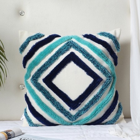 Blue and white geometric tufted cushion cover for modern home decor